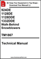 Technical manual cover for walk-behind snowblowers with model numbers and publication details.