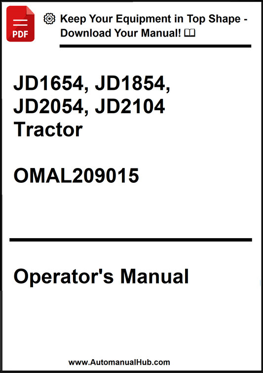 Operator's manual for JD1654, JD1854, JD2054, JD2104 tractors with a download prompt.