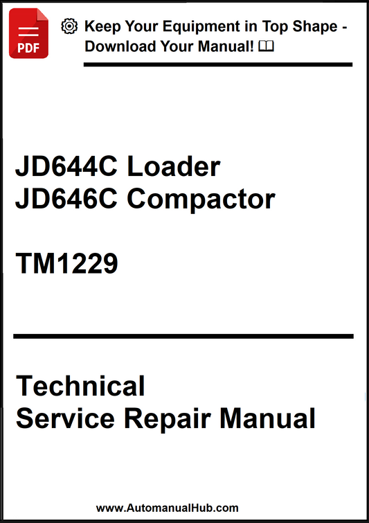 Technical service repair manual for JD644C Loader and JD646C Compactor model TM1229 on a white background.