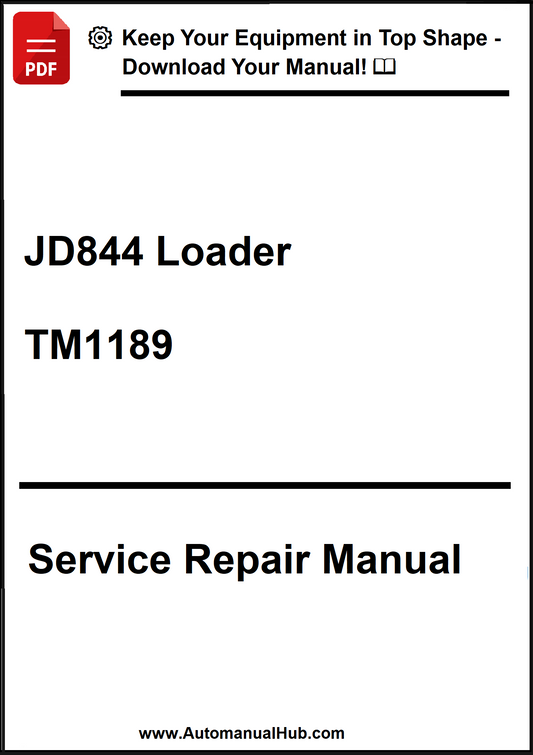 Service repair manual for JD844 Loader model TM1189 on a white background