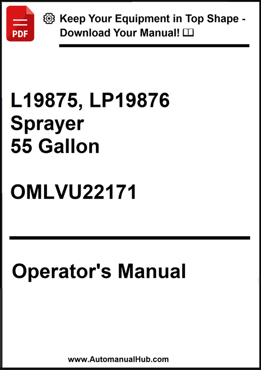 Operator's manual cover for L19875, LP19876 Sprayer 55 Gallon model with OMLVU22171 on a white background.