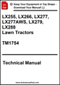 Technical manual cover for LX255, LX266, LX277, LX277AWS, LX279, LX288 lawn tractors with a promotional banner at the top.