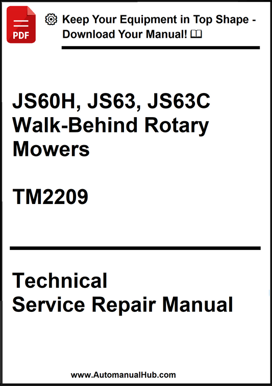 Technical service repair manual for John Deere walk-behind rotary mowers on a white background