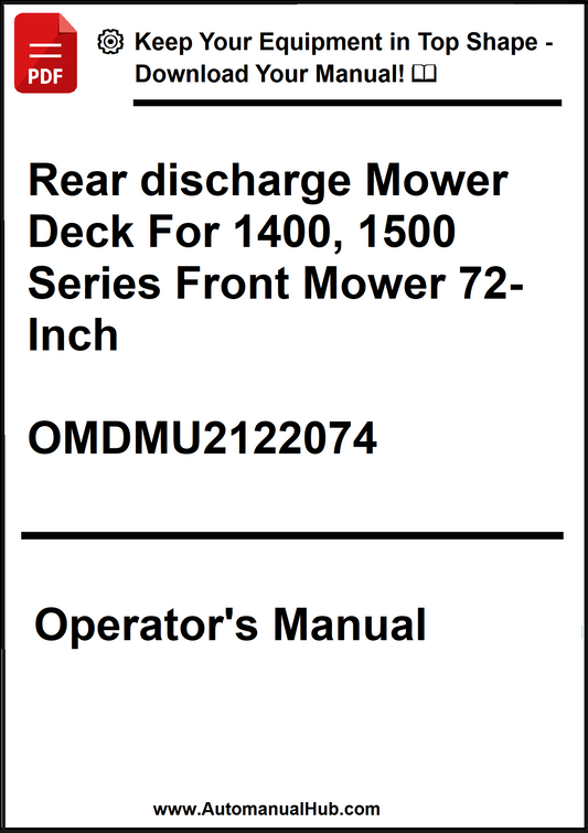 Operator's manual for a rear discharge mower deck with product details and download information.