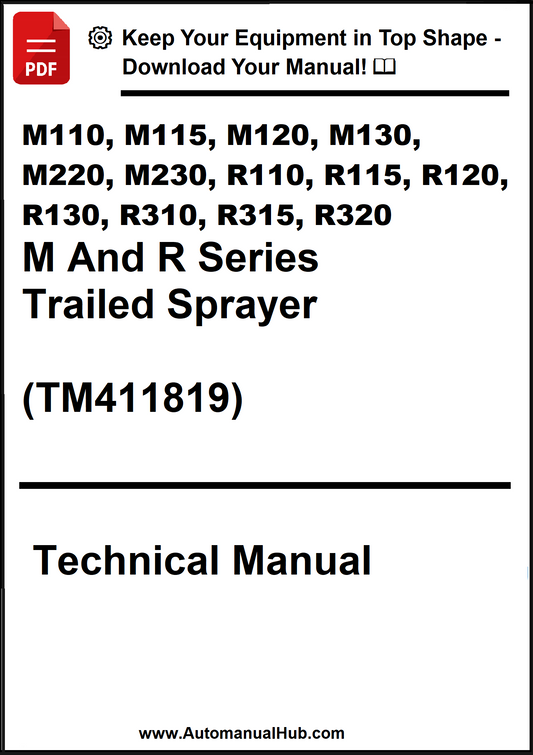 Technical manual cover for M and R series trailed sprayer models with a download offer.