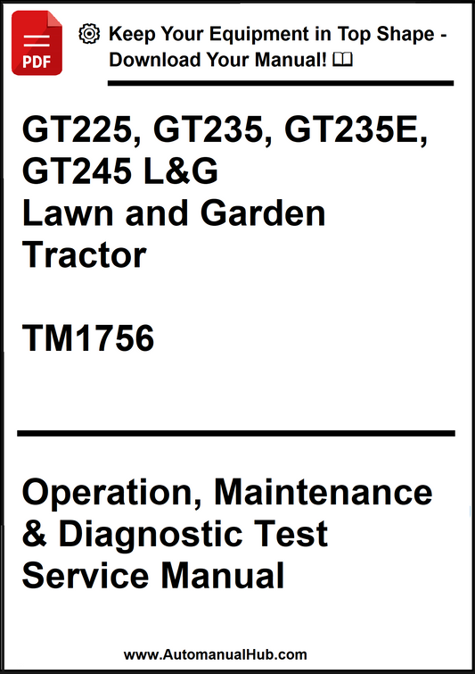 Manual cover for GT225, GT235, GT235E, GT245 L&G Lawn and Garden Tractor with text about operation, maintenance, and diagnostic test service manual.