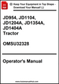 Operator's manual for JD954, JD1104, JD1204A, JD1354A, JD1404A tractors with a download prompt.