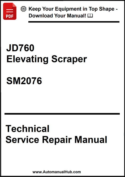 Technical service repair manual for JD760 Elevating Scraper SM2076 on a white background