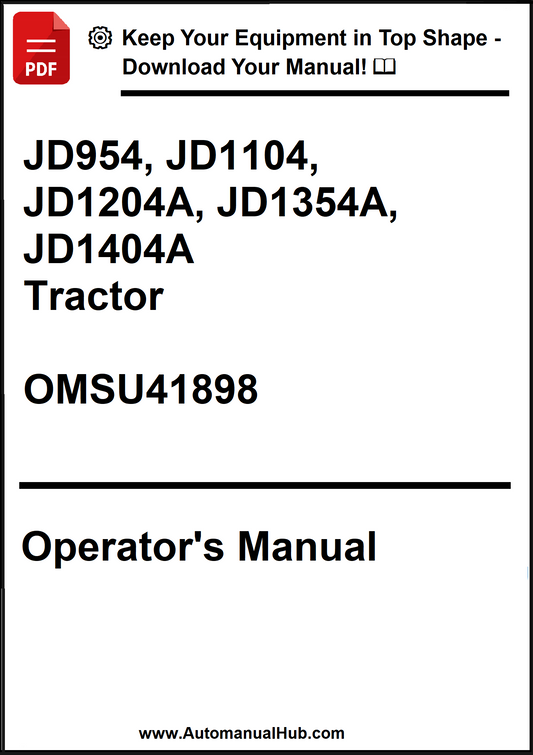 Operator's manual cover for JD954, JD1104, JD1204A, JD1354A, JD1404A tractors with a download prompt.