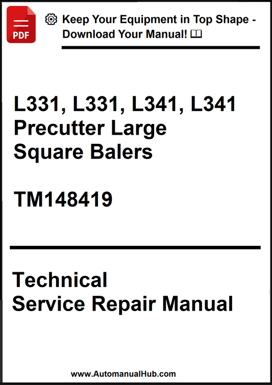 Technical service repair manual for L331, L331, L341, L341 precutter large square balers with a download offer.