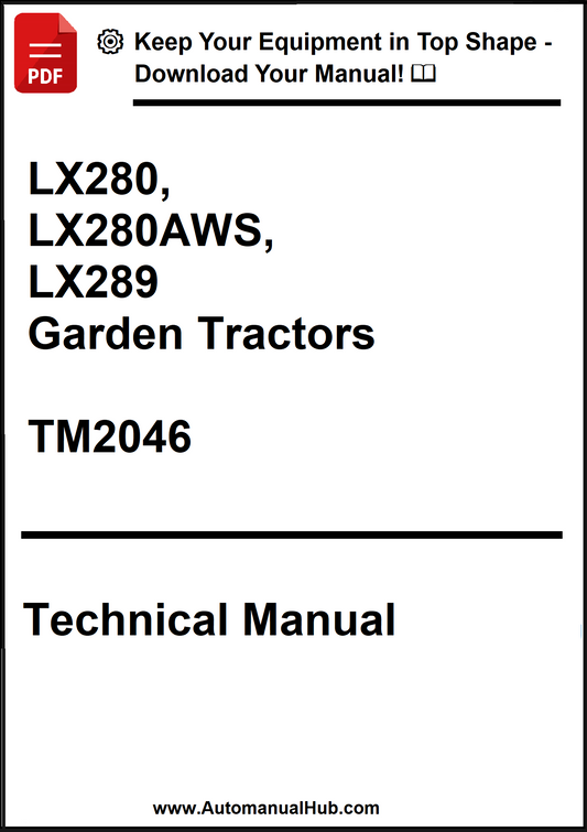Technical manual cover for LX280, LX280AWS, LX289 Garden Tractors with model number TM2046.