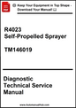 Manual cover for R4023 Self-Propelled Sprayer Diagnostic Technical Service Manual with promotional text at the top.