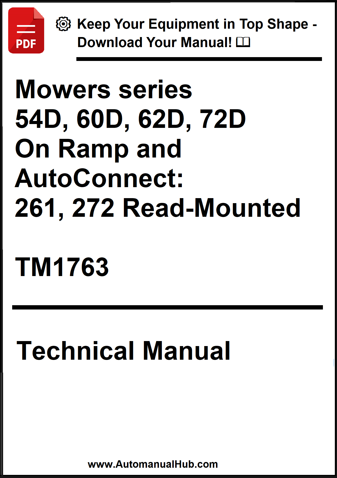 Technical manual cover for mowers series with model numbers and product details.