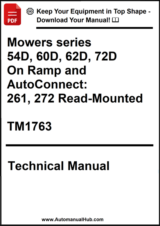 Technical manual cover for mowers series with model numbers and product details.