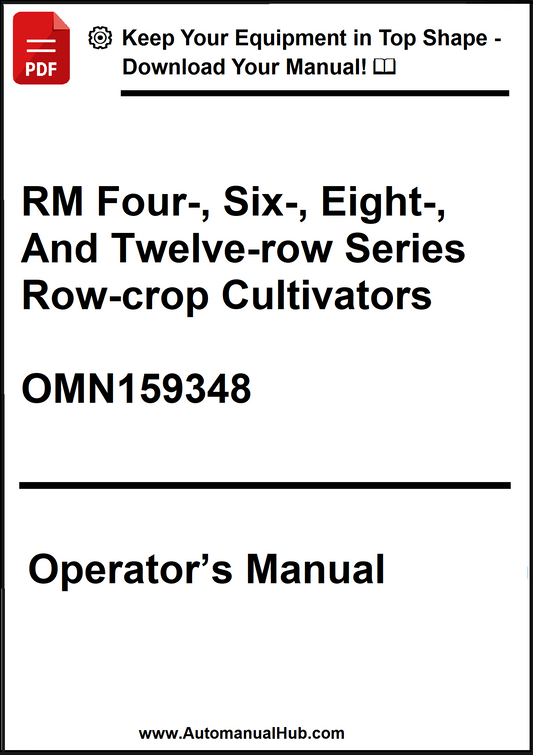 Operator's manual for RM Four-, Six-, Eight-, And Twelve-row Series Row-crop Cultivators with a download prompt.