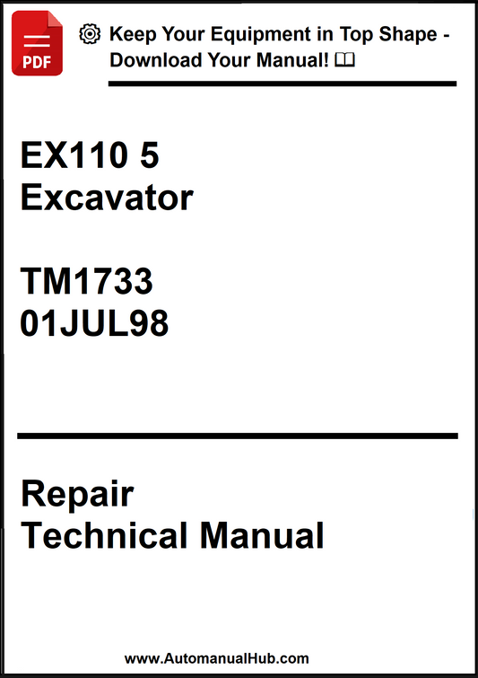 Cover of a repair technical manual for an EX110 5 Excavator with text and a download prompt.