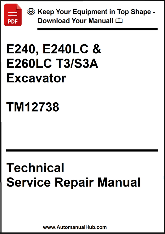 Technical service repair manual for E240, E240LC, and E260LC T3/S3A excavator model TM12738 on a white background.
