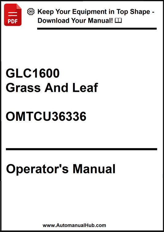 Operator's manual for GLC1600 Grass And Leaf equipment with a download prompt.