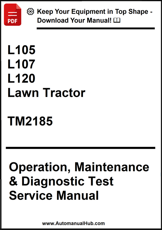 Manual cover for L105, L107, L120 lawn tractor service manual with text and logo.