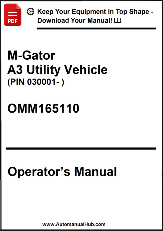Operator's manual for M-Gator A3 Utility Vehicle with contact information.