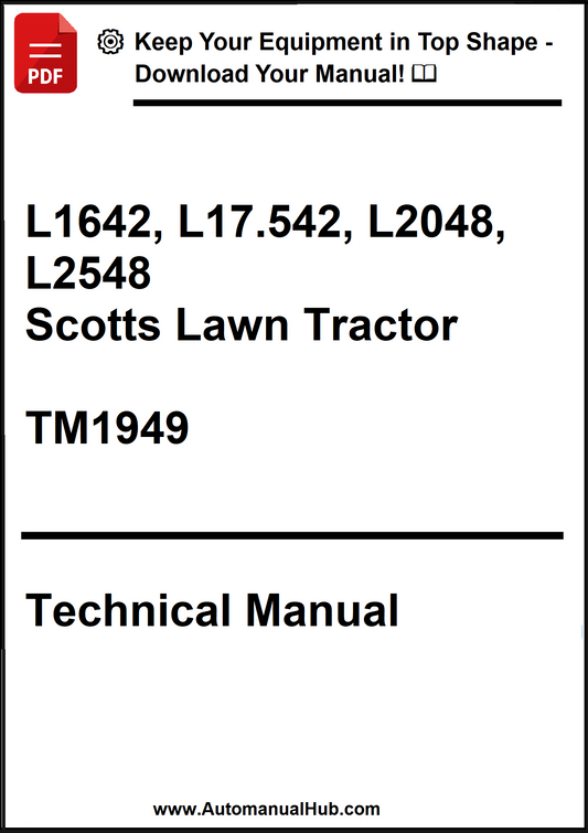 Technical manual cover for Scotts Lawn Tractor models L1642, L17.542, L2048, L2548 with a download prompt.