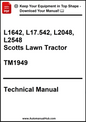 Technical manual cover for Scotts Lawn Tractor models L1642, L17.542, L2048, L2548 with a download prompt.
