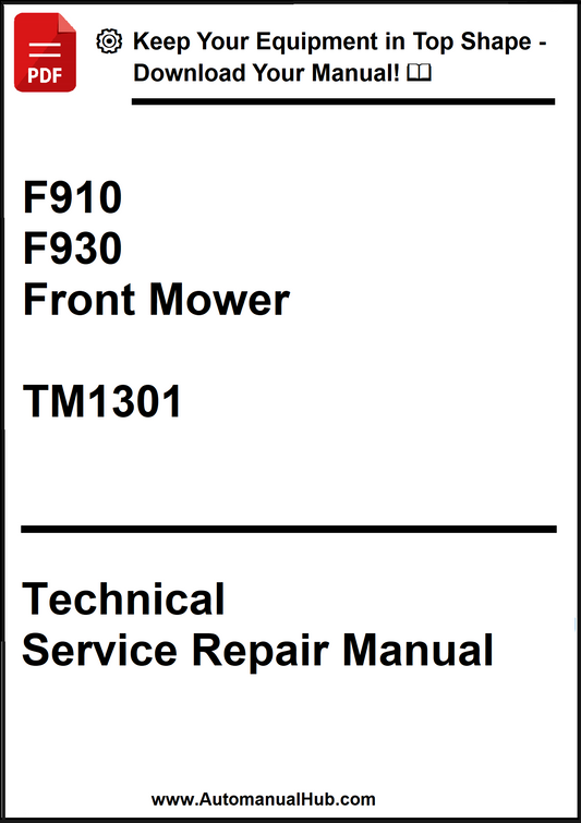 Technical Service Repair Manual for F910, F930 Front Mower with TM1301 on a white background.