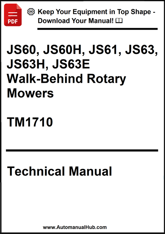 Technical manual cover for walk-behind rotary mowers with text and branding.