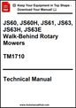 Technical manual cover for walk-behind rotary mowers with text and branding.