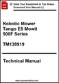 Technical manual cover for Robotic Mower Tango E5 Mowit 500F Series with download information.