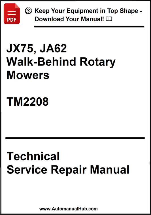 Technical service repair manual for JX75 and JA62 walk-behind rotary mowers with a download offer.