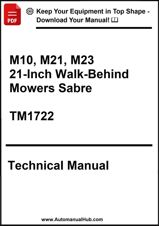 Technical manual cover for M10, M21, M23 21-Inch Walk-Behind Mowers Sabre TM1722 on a white background.