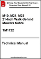 Technical manual cover for M10, M21, M23 21-Inch Walk-Behind Mowers Sabre TM1722 on a white background.