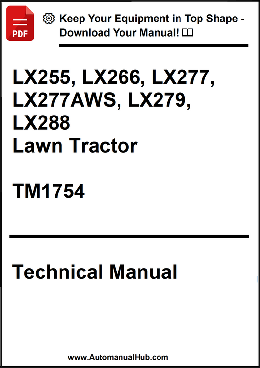 Technical manual cover for LX255, LX266, LX277, LX277AWS, LX279, LX288 lawn tractors with a call to action to download the manual.