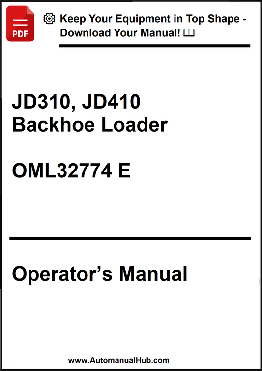 Operator's manual for JD310 and JD410 backhoe loader with a download prompt.