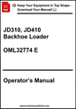 Operator's manual for JD310 and JD410 backhoe loader with a download prompt.