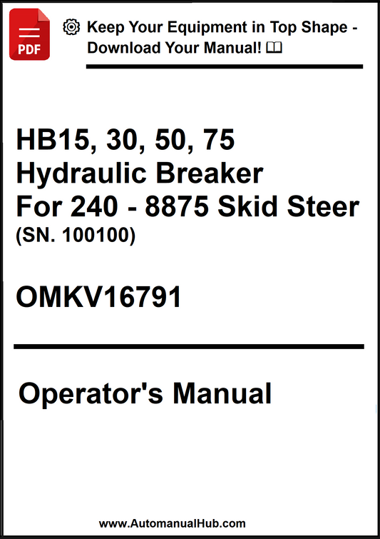 Operator's manual for HB15, 30, 50, 75 Hydraulic Breaker for 240-8875 Skid Steer with a white background.