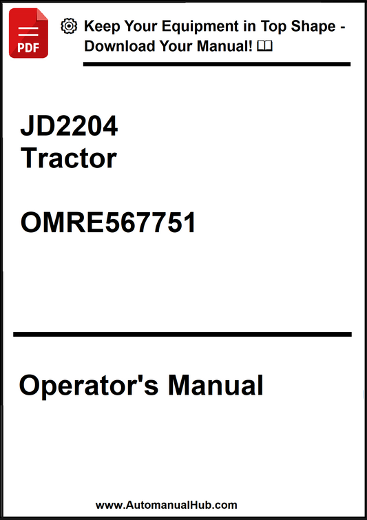 Operator's manual for JD2204 Tractor with a download prompt on a white background