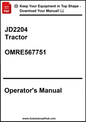 Operator's manual for JD2204 Tractor with a download prompt on a white background
