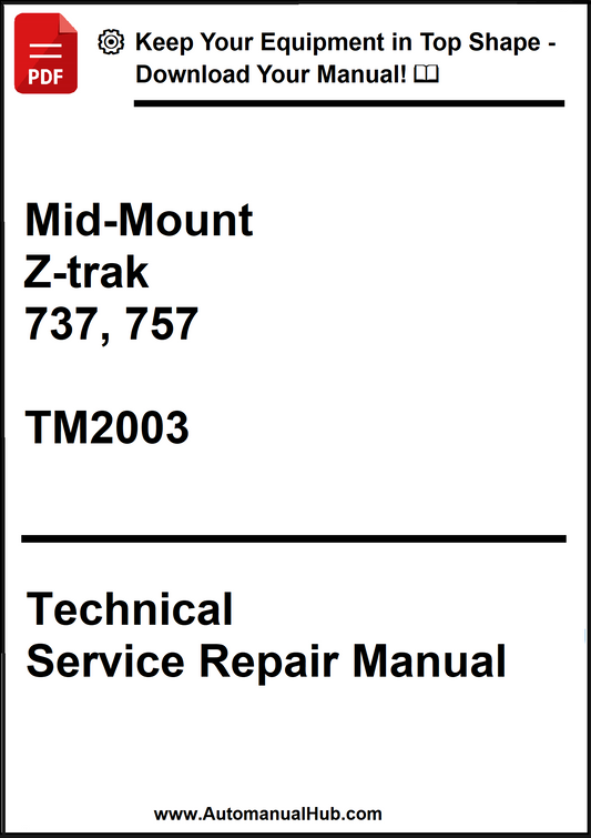 Technical Service Repair Manual for Mid-Mount Z-trak 737, 757 model TM2003 on a white background.