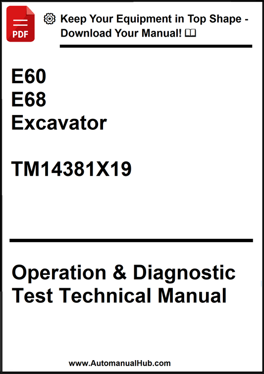 Technical manual cover for E60 and E68 excavators with model number TM14381X19 on a white background.