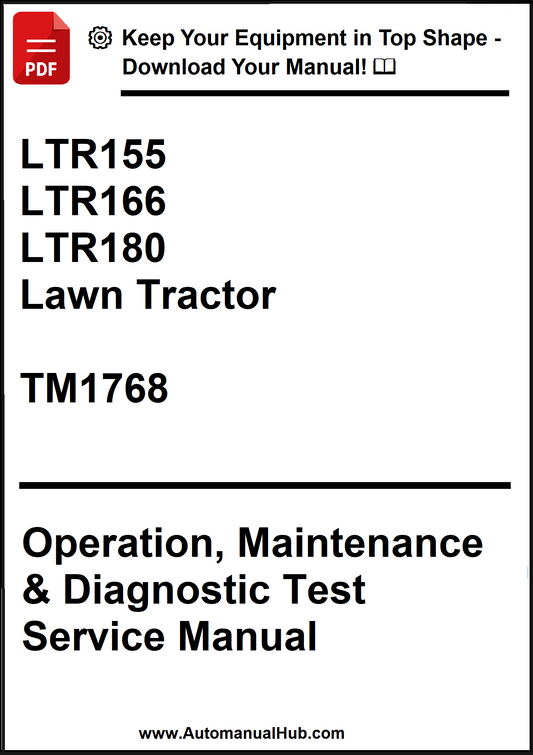 Manual cover for lawn tractor operation, maintenance, and diagnostic test service manual with model numbers LTR155, LTR166, LTR180, and TM1768.