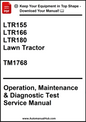 Manual cover for lawn tractor operation, maintenance, and diagnostic test service manual with model numbers LTR155, LTR166, LTR180, and TM1768.