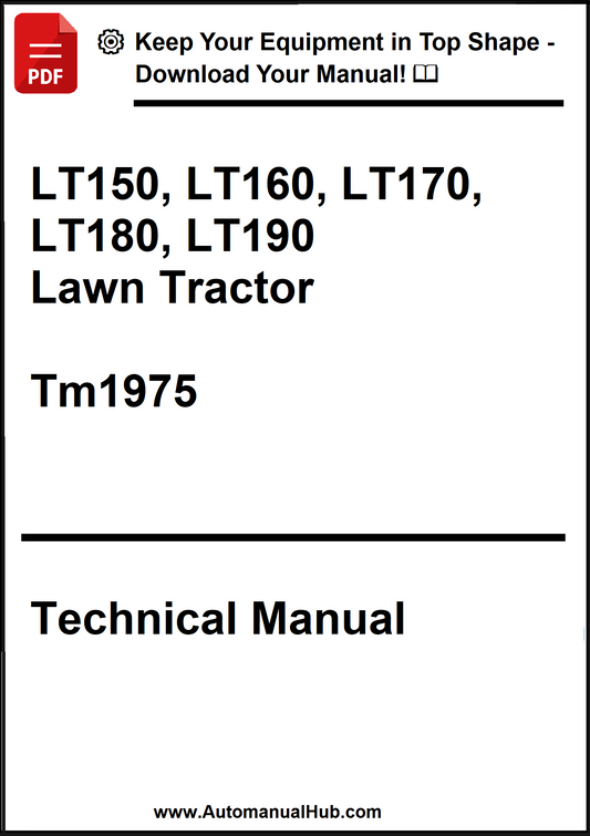 Technical manual cover for LT150, LT160, LT170, LT180, LT190 lawn tractors with a call to action to download the manual.