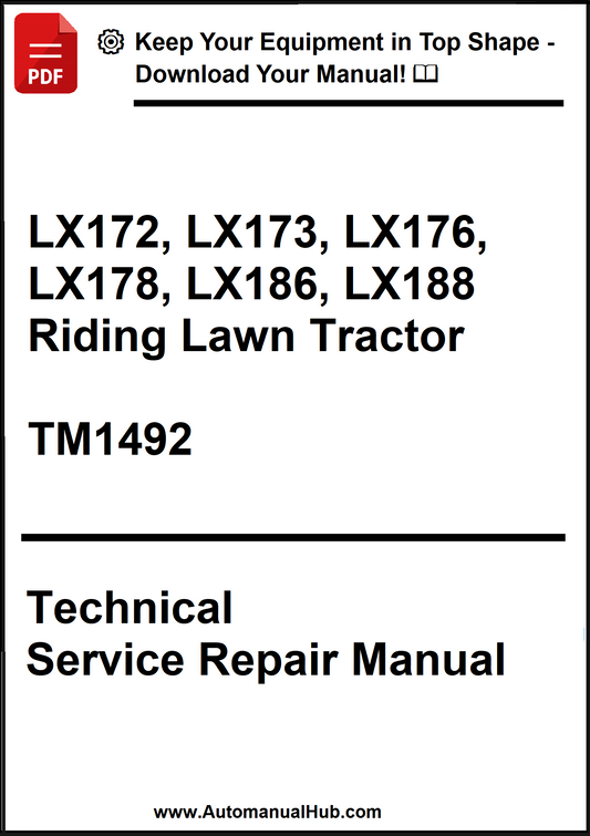 Technical service repair manual for riding lawn tractors with a download offer.