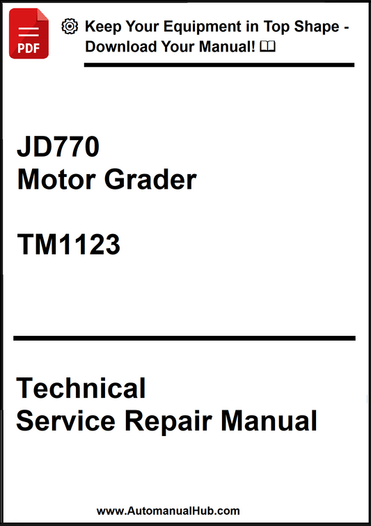 Technical Service Repair Manual for JD770 Motor Grader TM1123 on a white background