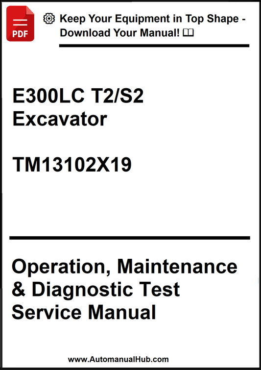 Service manual cover for E300LC T2/S2 Excavator with text and website URL.