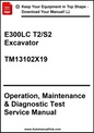 Service manual cover for E300LC T2/S2 Excavator with text and website URL.