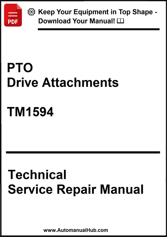 Technical service repair manual for PTO drive attachments with a download offer on a white background.
