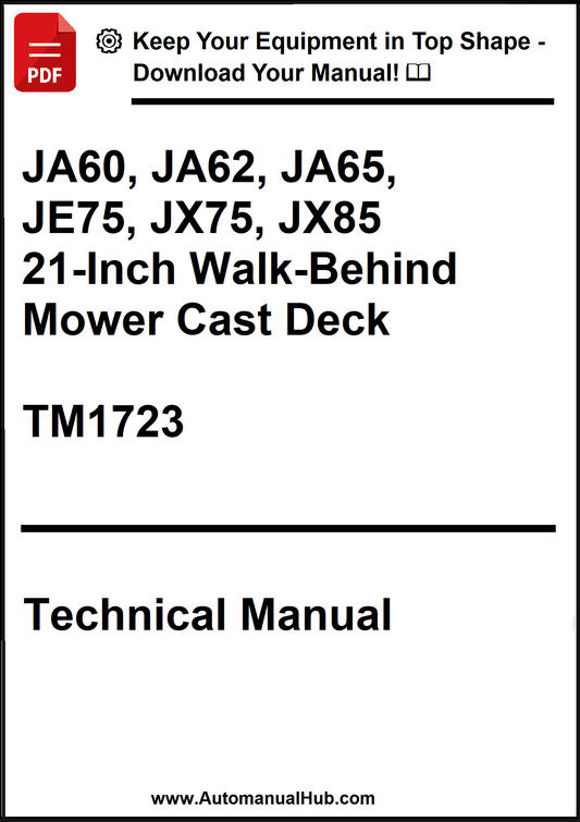 Technical manual cover for 21-inch walk-behind mower cast deck with model numbers and publication details.